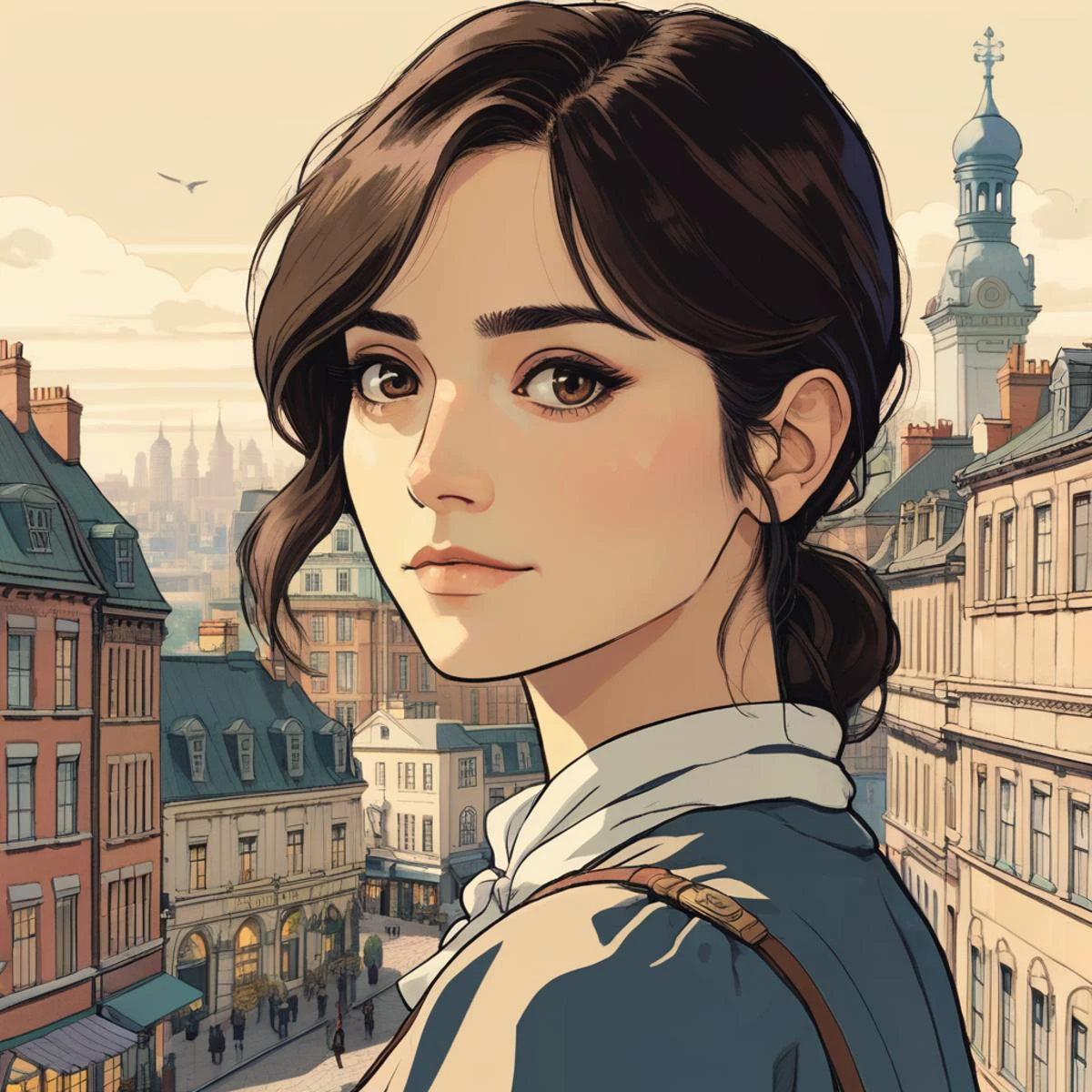 jenxcolemn, <lora:jencoleman_juggerX_xl_1_wocap_merger_23_145_merger_106_045_055-jenxcolemn:1> Studio ghibli style illustration of the face of a woman looking at the viewer with a victorian city square in the background,