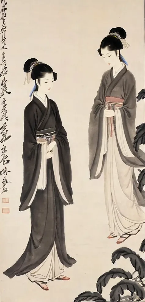 Monochrome, 2girls,<lora:baishi_xl_0_-000004:1>,baishi,chinese freehand painting,, contrast, tone, texture, detailed, Monochromatic