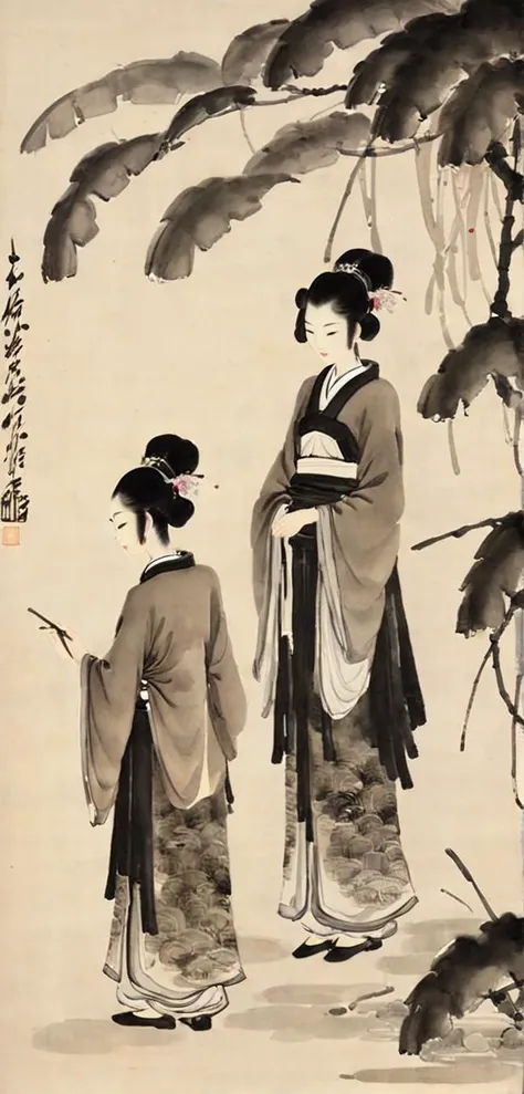 Ink Dripping Drawing of 2girls,<lora:baishi_xl_0_-000004:1>,baishi,chinese freehand painting,, ink drawing, ink splash, ink wash, dripping ink