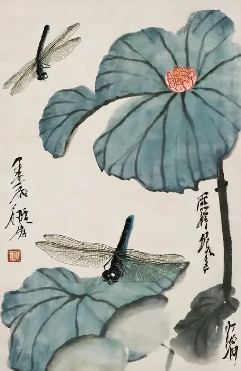 <lora:baishi_xl_0_-000004:1>,baishi,dragonfly falling on the lotus leaf,