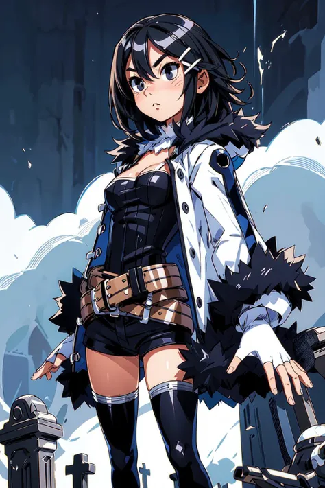 thick outlines, comics, photorealistic, perfect hands, masterpiece:1.2, cemetery, castle, 1girl, solo, standing, <lora:Asagi:0.8>, Asagi, short black hair, black eyes, hairclip. white coat, thighhighs, black shorts,belt, fingerless gloves, cleavage, white fur collar, small breast, detailed background, detailed face, detailed eyes, <lora:add_detail:0.7>