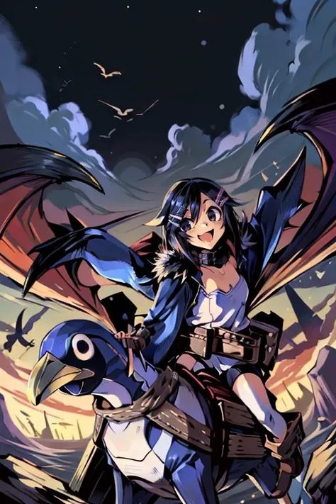 (masterpiece, best quality, highres, absurdres, ultra-detailed:1.2), ((1girl, solo, Asagi, short black hair, black eyes, AsGear, hairclip. fur-trimmed coat, thighhighs, black shorts, belt, fingerless gloves, cleavage, white fur collar, happy)), <lora:Asagi-10:0.4> <lora:riding_a:0.7> (Asagi riding on a penguin, prinny:1.4) (by Prinny-10:1.3) <lora:Prinny-10:0.85>, <lora:add_detail_v1:0.75> <lora:LowRA:0.4>