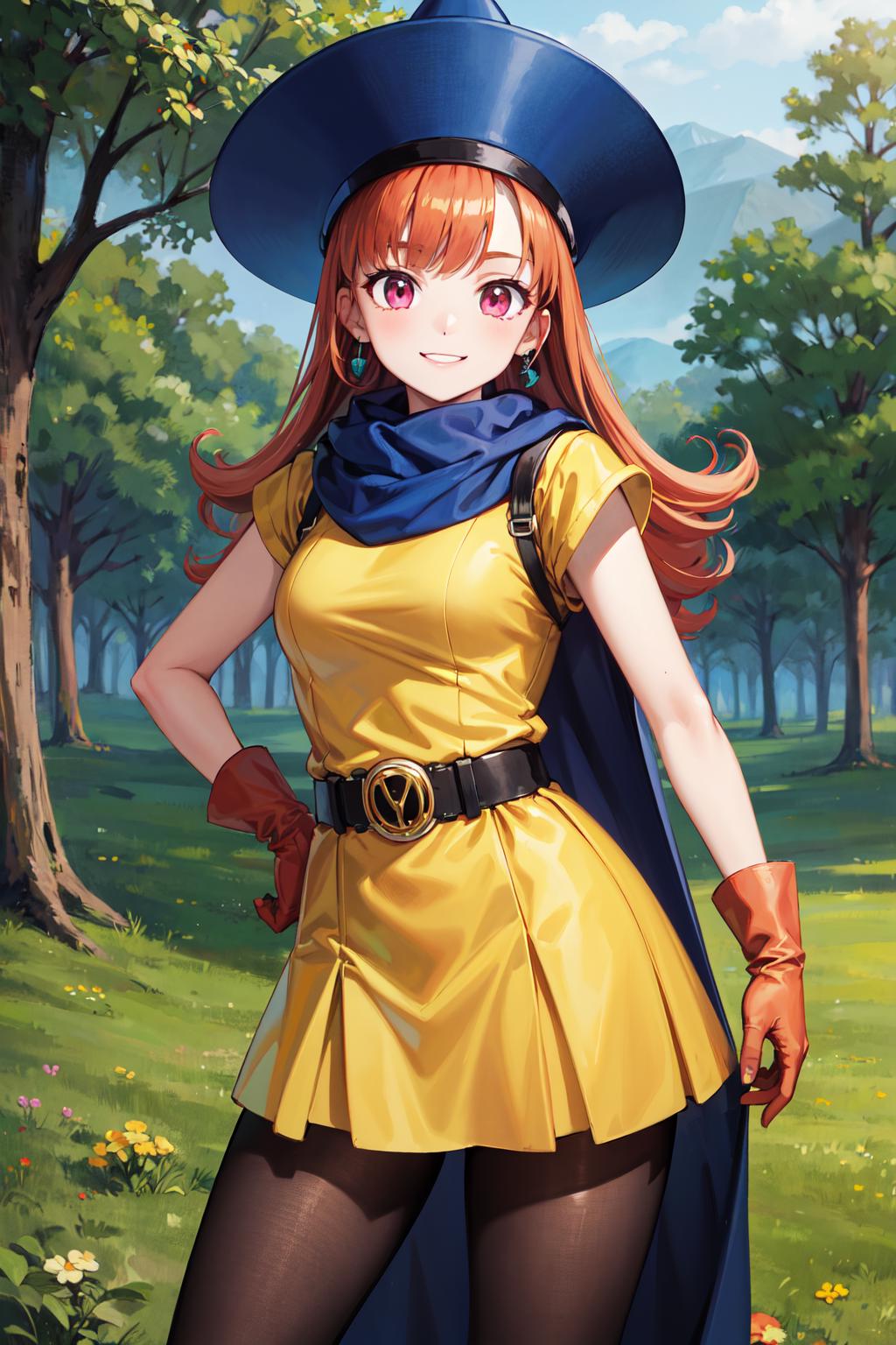 A woman in a yellow dress and blue hat standing in a field - SeaArt AI