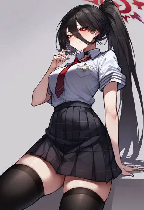 Young girl, 14 years old, elegantly dressed in a white dress shirt with a red tie, paired with a black skirt and black long stockings that extend up to her thighs. She dons a pair of black shoes to complete her outfit. Her long hair is a stunning contrast of straight and curly, with straight strands framing her face and the ends curling softly. Her eyes are a warm brown, mirroring her dark brown hair, adding to her young and refined appearance. The art style should resemble an exquisite, realistic rendering, with a focus on detail and sharpness, captured in the best quality at 8K. HDR effects, UHD lighting, studio lighting,