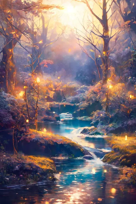 (masterpiece, best quality, photorealistic, beautiful and aesthetic:1.3), <lora:FantasyForest:1>, FanFo, river in a forest, luminescent, starry night, fantasy, dreamlike, glowing, light of particles, no people