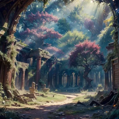 (masterpiece:1.2), (best quality,:1.2), 8k, HDR, ultra detailed, ((photorealistic)), professional light, cinematic lighting, fashion photography, ambient lighting, face lighting, OverallDetail, fhanddetail, ffacedetail, <lora:detail_slider_v4:4.>, ruins in a magical forest, huge trees, sunlight, godrays, FanFo, <lora:FantasyForest-10:1>