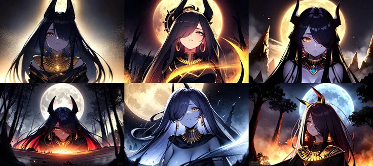 (otherworldly, otherworldly atmosphere, otherworldly appearance), highly insanely detailed, masterpiece, top quality, best quality, highres, 4k, 8k, RAW photo, (long_hair, long hair), collar, earrings, jewelry, 
(random colors cloth, random colors hair, random long hair, dynamic hair, glowing hair), 
long hair, eyelashes, eyeliner, makeup, hair over one eye, 
(dynamic pose), (dynamic weather), (dynamic background), nsfw, 
1girl, (portrait:1.2), 
moon, night, ((ancient egyptian theme)), (anubis ears), (gold), golden ornaments, 
BREAK
a huge dead tree in a clearing in a magical forest, black leaves, night, darkness, fog, moonlight through the trees, FanFo, <lora:FantasyForest-10:0.7>, 
BREAK, (fantasy world)