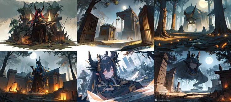 (otherworldly, otherworldly atmosphere, otherworldly appearance), highly insanely detailed, masterpiece, top quality, best quality, highres, 4k, 8k, RAW photo, (long_hair, long hair), collar, earrings, jewelry,
(random colors cloth, random colors hair, random long hair, dynamic hair, glowing hair),
long hair, eyelashes, eyeliner, makeup, hair over one eye,
(dynamic pose), (dynamic weather), (dynamic background), nsfw,
1girl, (portrait:1.2),
moon, night, ((ancient egyptian theme)), (anubis ears), (gold), golden ornaments,
BREAK
a huge dead tree in a clearing in a magical forest, black leaves, night, darkness, fog, moonlight through the trees, FanFo, <lora:FantasyForest-10:0.7>,
BREAK, (fantasy world)