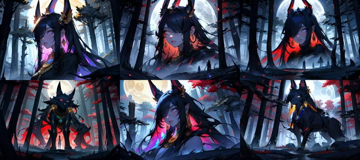 (otherworldly, otherworldly atmosphere, otherworldly appearance), highly insanely detailed, masterpiece, top quality, best quality, highres, 4k, 8k, RAW photo, (long_hair, long hair), collar, earrings, jewelry,
(random colors cloth, random colors hair, random long hair, dynamic hair, glowing hair),
long hair, eyelashes, eyeliner, makeup, hair over one eye,
(dynamic pose), (dynamic weather), (dynamic background), nsfw,
1girl, (portrait:1.2),
moon, night, ((ancient egyptian theme)), (anubis ears), (gold), golden ornaments,
BREAK
a huge dead tree in a clearing in a magical forest, black leaves, night, darkness, fog, moonlight through the trees, FanFo, <lora:FantasyForest-10:0.7>,
BREAK, (fantasy world)