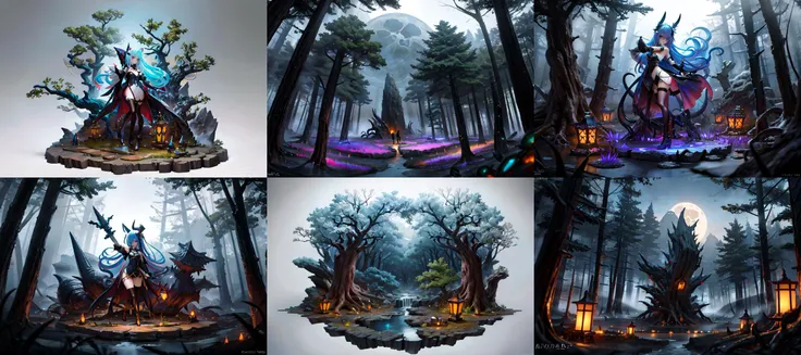 (otherworldly, otherworldly atmosphere, otherworldly appearance), highly insanely detailed, masterpiece, top quality, best quality, highres, 4k, 8k, RAW photo, (long_hair, long hair), collar, earrings, jewelry, 
(random colors cloth, random colors hair, random long hair, dynamic hair, glowing hair), 
long hair, eyelashes, eyeliner, makeup, hair over one eye, 
(dynamic pose), (dynamic weather), (dynamic background), nsfw, 
1girl, (portrait:1.2), 
moon, night, ((ancient egyptian theme)), (anubis ears), (gold), golden ornaments, 
BREAK
a huge dead tree in a clearing in a magical forest, black leaves, night, darkness, fog, moonlight through the trees, FanFo, <lora:FantasyForest-10:0.7>, 
BREAK, (fantasy world)
