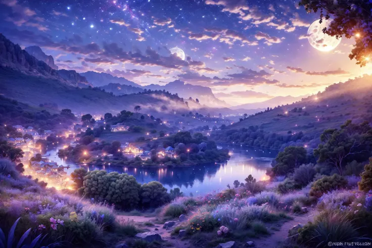 <lora:FantasyForest:1>, FanFo, blue pink forest, starry sky, small river, cute fairy , night:1.1, soft light, flowers, tress , rock, high mountain, valley , cloud, wide view, eagle eye view,
(masterpiece:1.2), (best quality,:1.2), 8k, HDR, ultra detailed, ((photorealistic)), professional light, cinematic lighting, fashion photography, ambient lighting, fantasy,
<lora:Night scene_20230715120543:0.65>, cozy , full moon ,