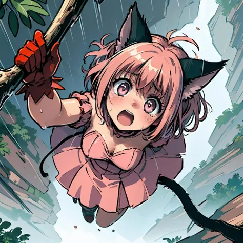 masterpiece,best quality,highly detailed,1girl,solo,scared,raised eyebrows,constricted pupils,surprised,clenched teeth,sweat,sweatdrop,
<lora:momomiya_ichigo_v2:0.75>, blush,bow,cat girl,cat tail,choker,cleavage,detached sleeves,dress,gloves,large breasts,magical girl,mi1,pink choker,pink dress,puffy detached sleeves,puffy sleeves,red gloves,ribbon,tail,tail bell,tail bow,tail ornament,short hair,pink hair,
BREAK
<lora:hangingTreeCliff:0.5>,(((hanging from branch in high position at cliff, arms up))),hanging from branch of cliff,holding branch,grabbing branch,clenched hand, full body,outdoors,scenery,from above,foreshortening,perspective,(((cliff, waterwall, rain, wet, storm, floating hair))),