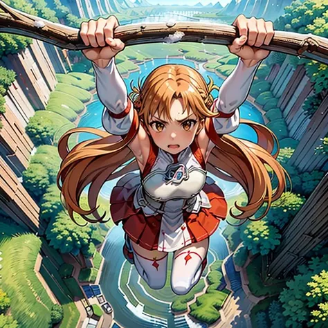 masterpiece,best quality,highly detailed,1girl,solo,
<lora:asuna_(sao)_v1:0.7>,aaasuna,long hair,brown hair,braid,brown eyes,bare shoulders,armor,breastplate,white sleeves,detached sleeves,red skirt,pleated skirt,white thighhighs,
BREAK
<lora:hangingFromCliff:0.7>,(((TwoHand2))),arm up,outstretched arm,hanging from branch,grabbing branch,aerial,(((snow mountain, iceberg, iced cliff, iced mountain, snow, snowing, from side))),mountainous horizon,