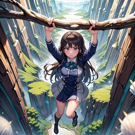 masterpiece,best quality,highly detailed,1girl,solo,
<lora:takina_inoue_v1:0.6>,takina inoue,purple eyes,black hair,long hair,lycoris uniform,green ribbon,long sleeves,two-tone dress,pleated dress,collared shirt,kneehighs,
BREAK
<lora:hangingFromCliff:0.5>,(((OneHand1))),arm up,outstretched arm,hanging from branch,grabbing branch,aerial,(((snow mountain, iceberg, iced cliff, iced mountain, snow, snowing))),mountainous horizon,