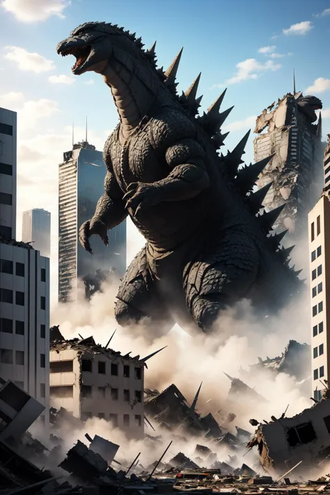 (masterpiece, best quality),  intricate details,
 <lora:Godzilla-10:0.8> godzilla,  city, destroyed buildings, skyscraper, rubble, debris,  long tail, spikes,