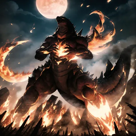 ((best quality)) , ((masterpiece)) , (detailed),A League of Legends splash art depicting two fantasy creatures fighting, one made of fire and the other made of stone with an orange color scheme. The artwork is in the style of the game's default artist.