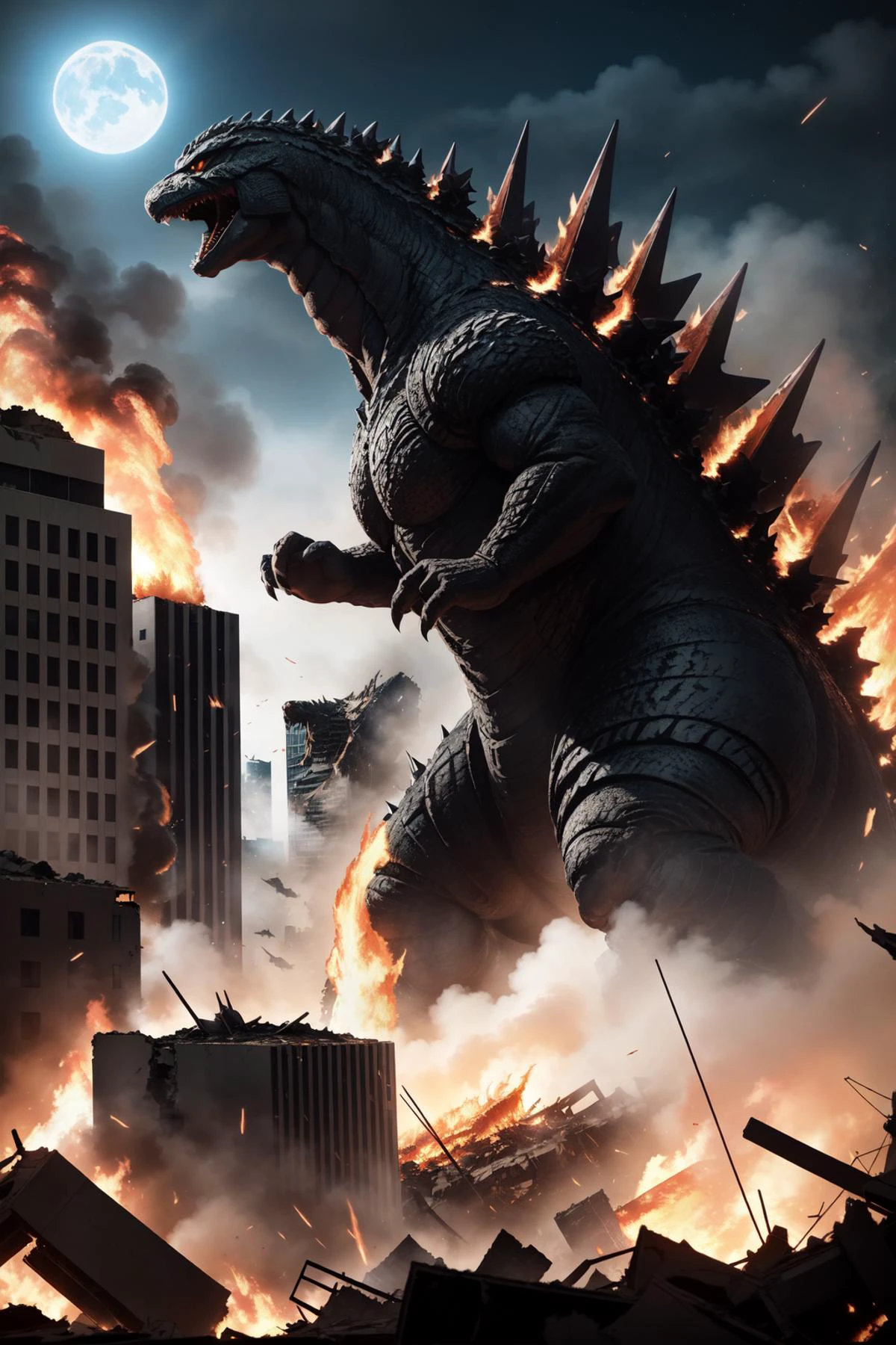 (masterpiece, best quality), intricate details,
<lora:Godzilla-10:0.8> godzilla, city, destroyed buildings, skyscraper, rubble, debris, long tail, spikes, rampaging, night, fires,