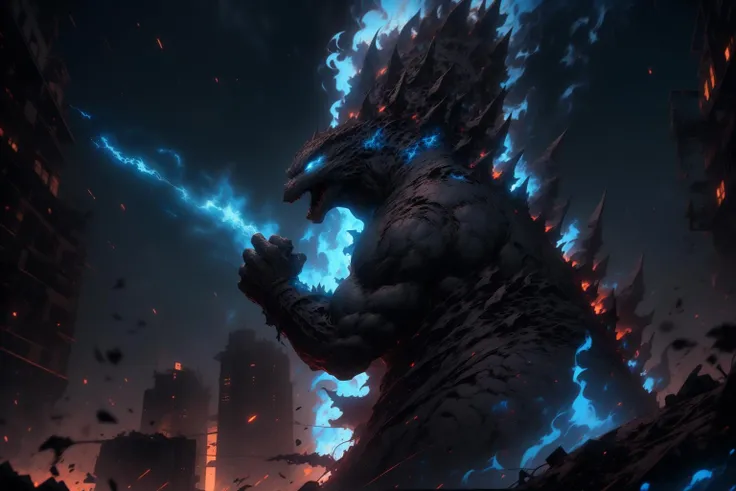 Best_QualityPos, RAW photo, intricate details, best quality, 8k uhd, soft lighting, godzilla, fire, ruins, city, r1ge, glowing, aura, energy, beam, flying debris, (blue theme:1.2) <lora:r1ge - AnimeRage:1> <lora:Godzilla:0.8>