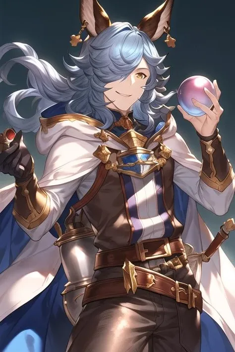 <lora:gbf_Drang3:0.55>masterpiece,best quality,Drang,(granbluefantasy:0.75),solo,male,erune,animal ears,blue hair,long hair,yellow eyes,hair over one eye,white cape,hood down,belt,flask,earrings,jewelry,single glove,smile,holding ball