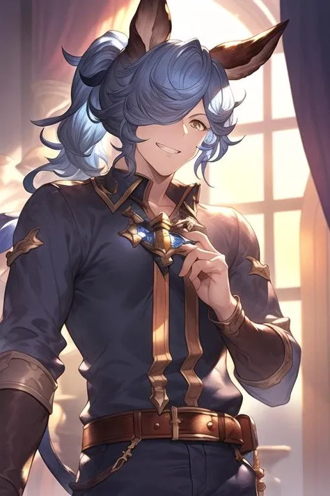 <lora:gbf_Drang3:0.55>masterpiece,best quality,Drang,(granbluefantasy:0.75),solo,male,erune,animal ears,blue hair,ponytail,yellow eyes,hair over one eye,belt,long sleeves,grin