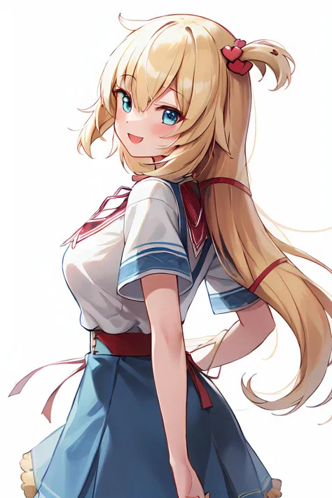 masterpiece, akai haato, hololive, 1girl, bangs, blonde hair, blue eyes, blush, breasts, collared shirt, hair between eyes, hair ornament,heart, heart hair ornament, long hair, medium breasts, neck ribbon, one side up, red ribbon, ribbon, shirt, short sleeves, sidelocks, simple background, smile, solo, sparkle, virtual youtuber, white background, white shirt, cowboy shot, (from front), :d, blue skirt,((v)),waving, looking back