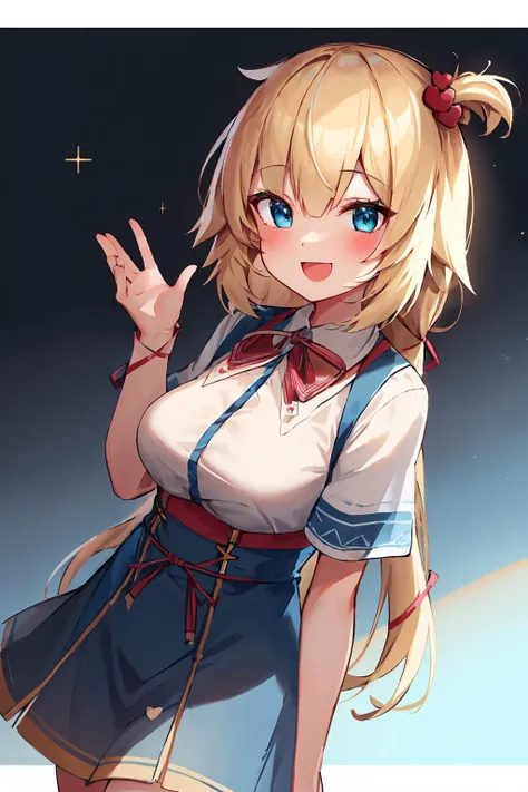 masterpiece, akai haato, hololive, 1girl, bangs, blonde hair, blue eyes, blush, breasts, collared shirt, hair between eyes, hair ornament,heart, heart hair ornament, long hair, medium breasts, neck ribbon, one side up, red ribbon, ribbon, shirt, short sleeves, sidelocks, simple background, smile, solo, sparkle, virtual youtuber, white background, white shirt, cowboy shot, :d, blue skirt,v,waving