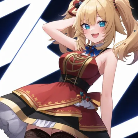 2d, masterpiece, best quality, anime, highly detailed eyes, highly detailed face, (cowboy) shot, 1 girl, solo, standing, laughing, studio background, (black background), akai haato, blonde hair, red dress, frilled dress, thighhighs, red bow, hair bow, twintails, medium hair,  blue eyes, sleeveless <lora:haachama:1>