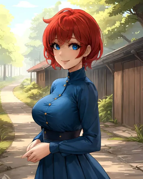 upper body, short hair, red hair, blue eyes, blue dress, breasts, smile, forest, path, cobblestone path, eyeliner, <lora:AlamanderArt:0.5>