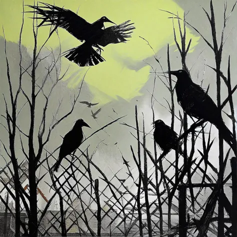 palette knife painting, <lora:black_metal_art:1> blackmetal style, xerox, scene from The Birds by Alfred Hitchcock, (German Expressionist:1.3)