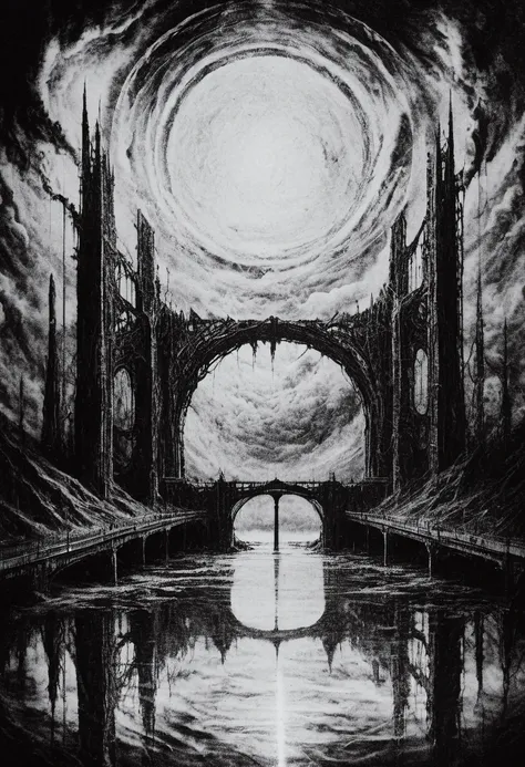 blackmetal style, xerox, black and white, white sky, (portal), black cloudy stormy sky, bridge,
<lora:black_metal_art:1.0>
