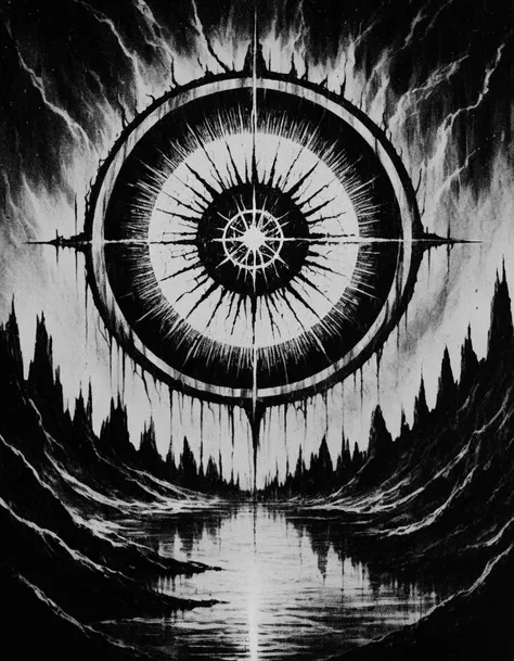 blackmetal style, xerox black and white, white sky, black sun portal, water below,
