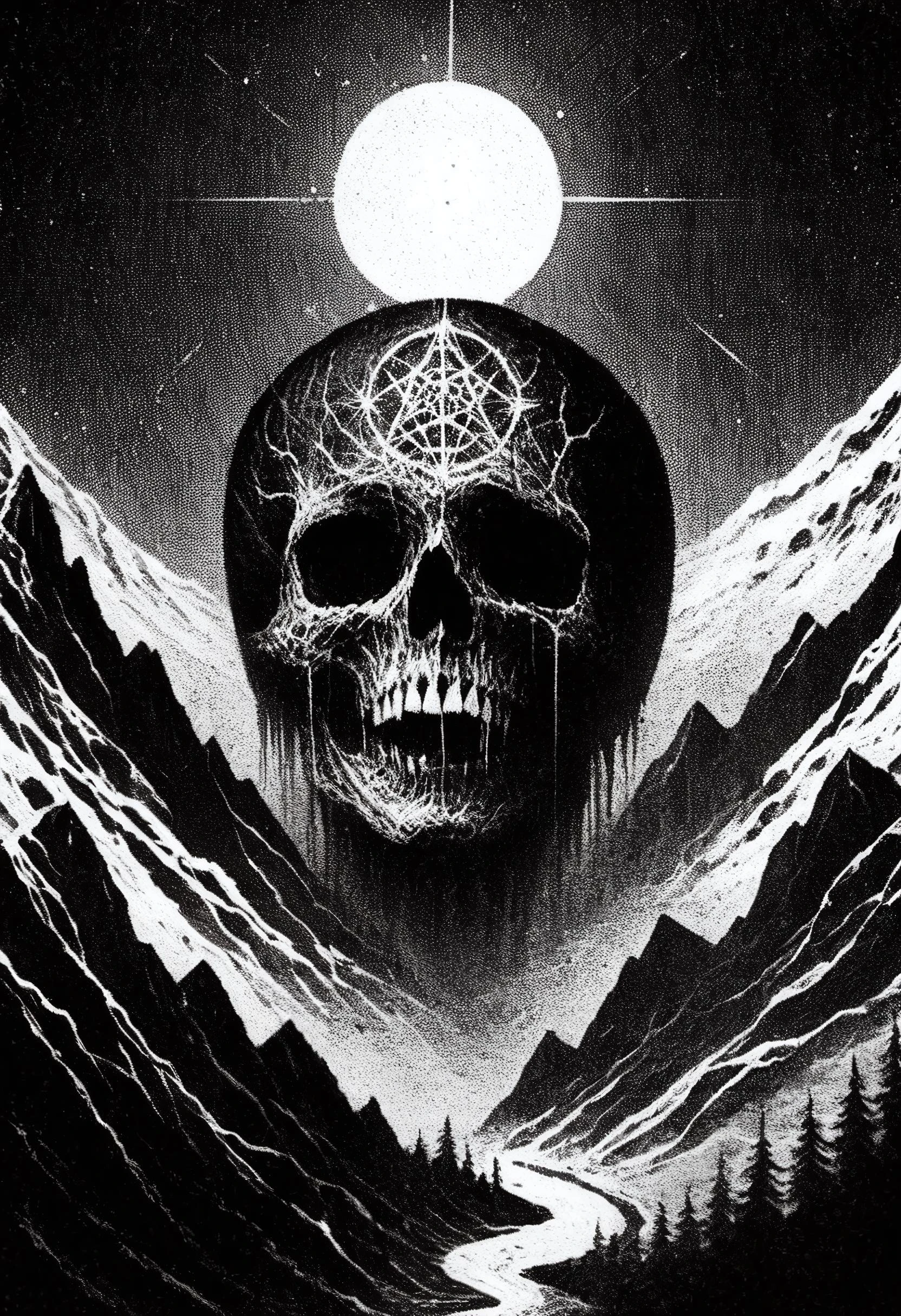 blackmetal style, xerox, skull in the mountains, black sky pointillism
<lora:black_metal_art:1.0>