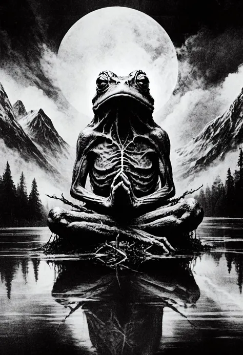 blackmetal style, xerox, black and white, cloudy black sky, central religious frog, mountains in the distance, fog, water below,
<lora:black_metal_art:1.0>