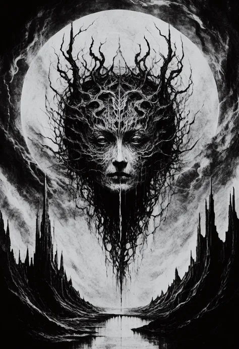 blackmetal style, xerox, black and white, white sky, (portal), black cloudy stormy sky
<lora:black_metal_art:1.0>