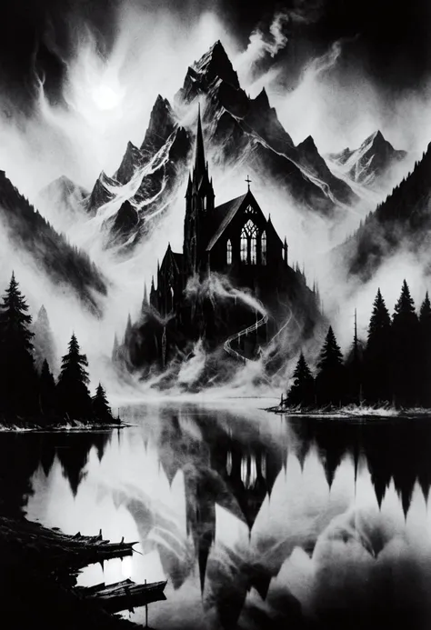 blackmetal style, xerox, black and white, fog, burning church, water below, mountains,
<lora:black_metal_art:1.0>