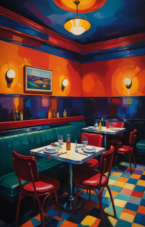 , Diner aesthetic, vibrant colors, stunning background. dark and moody, a mesmerizing blend of light and shadow. masterpiece, absurdres, intricate details