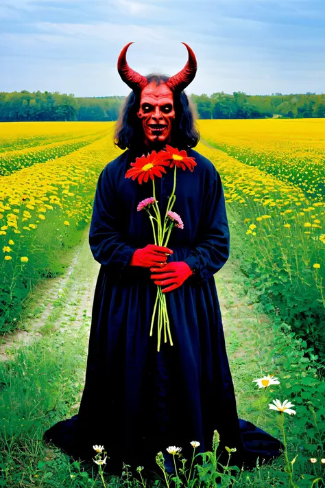 the satan is holding daisies in the field