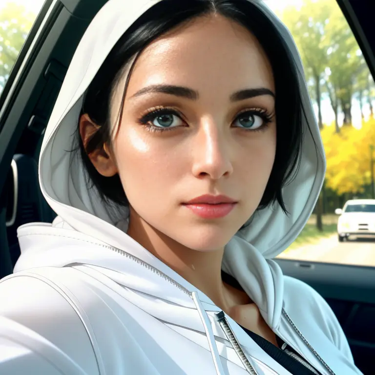 RAW photo, a 35-year-old-woman, upper body, selfie in a car, white hoodie,(arabian:1.3) (woman), (realistic), (photo-realistic:1.5), inside a car, driving, lipstick, freckles, (short hair), multicolor hair, (RAW photo, 8k uhd, film grain), Sharp Eyeliner, Blush Eyeshadow With Thick Eyelashes, extremely delicate and beautiful, 8k, soft lighting, high quality, highres, sharp focus, extremely detailed, during the day, (sunlight on face), beautiful detailed eyes, extremely detailed eyes and face, masterpiece, cinematic lighting, (high detailed skin:1.2), 8k uhd, dslr, soft lighting, high quality, film grain, Fujifilm XT3