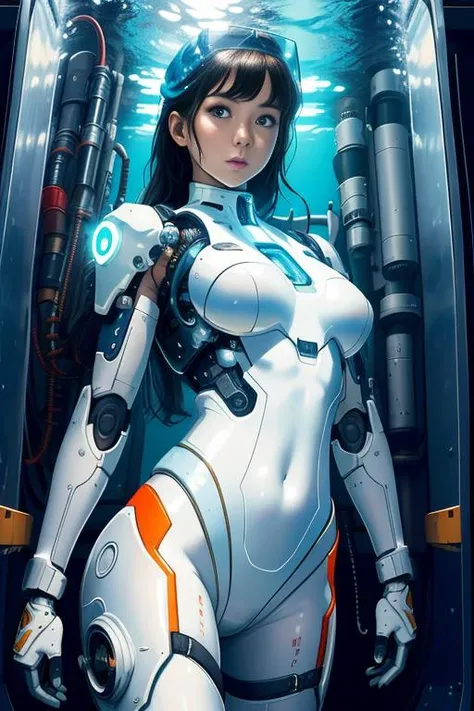 masterpiece, UHD, best quality, official art, extremely detailed 8k wallpaper, cowboy shot, 1girl,solo,perfect eyes,side lighting ,translucent skin, white bodysuit, mechanical, indoors, hangar,in container, stasis tank, underwater, cyborg, mechanical arms, experiment