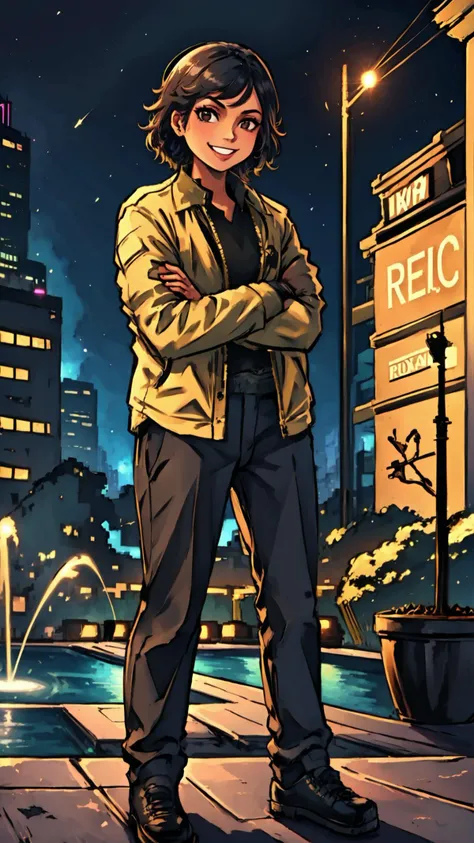 high quality,1girl,taliana,standing,jacket,pants,shirt,smiling,crossed arms,outdoors,in city,neon lights,fountains,(at night:1.1), <lora:TalianaM1:0.9>, <lora:skin_tone_slider_v1:2.2>