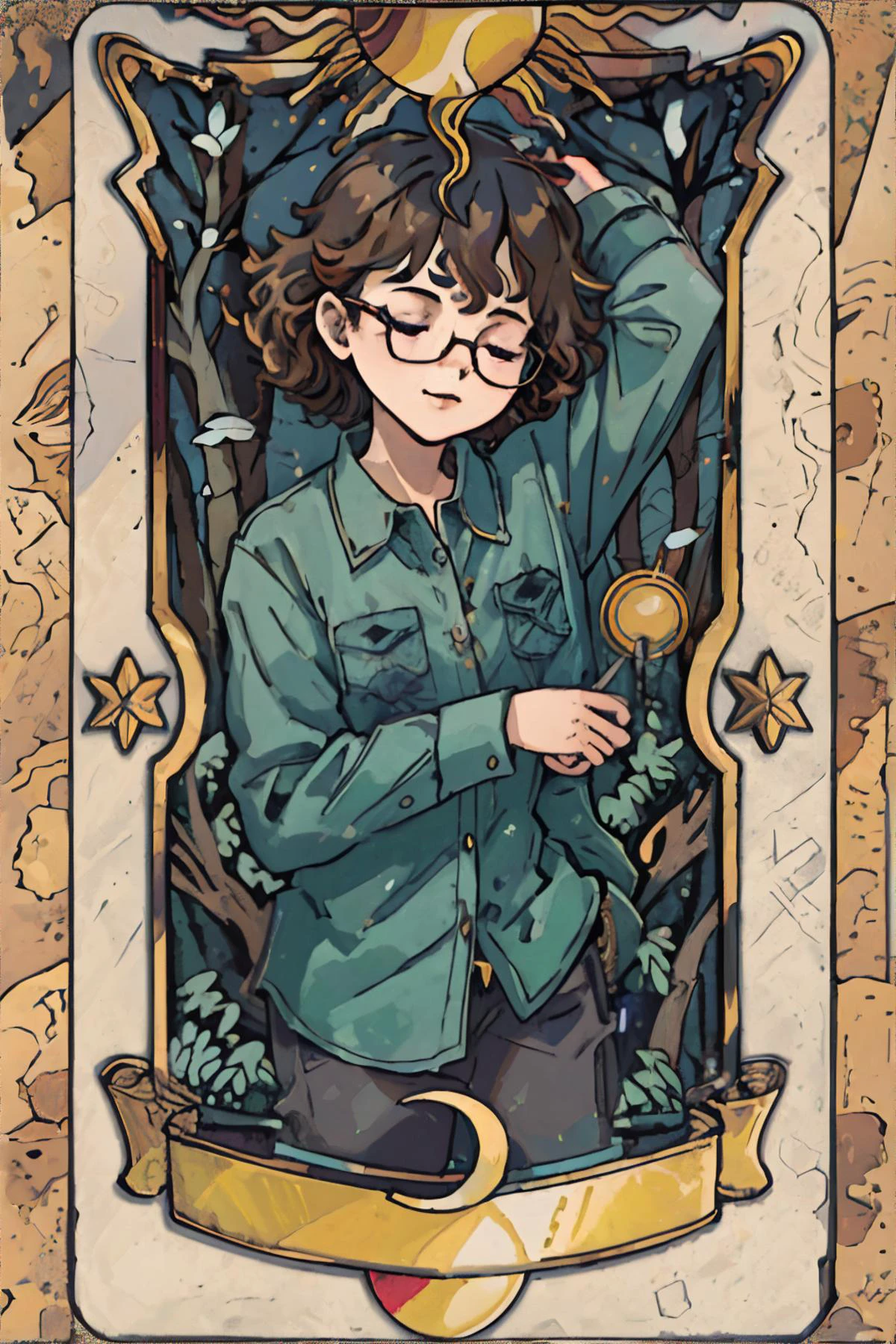 <lora:bzl:0.5> <lora:clowcard:0.5>, tarot, card, bzl_test, short curly brown hair, glasses, flannel shirt, forest background, closed eyes || masterpiece, perfect quality, sharp focus, shallow depth of field, 8k
