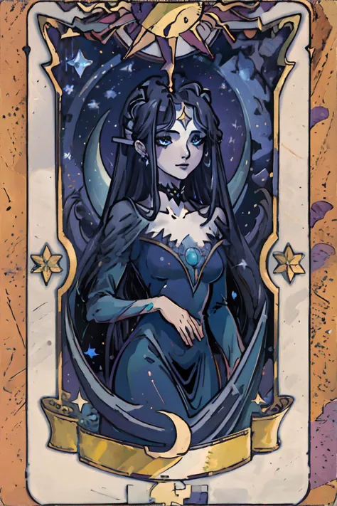 <lora:clowcard:0.5> tarot, card, beautiful woman wearing flowing (black|purple|blue) gown, night sky background, moon and stars || masterpiece, perfect quality, sharp focus, shallow depth of field, 8k