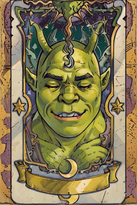 <lora:shrekdiffusion:0.5> <lora:clowcard:0.5>, tarot, card, shrek, ogre, green skin, closed eyes || masterpiece, perfect quality, sharp focus, shallow depth of field, 8k