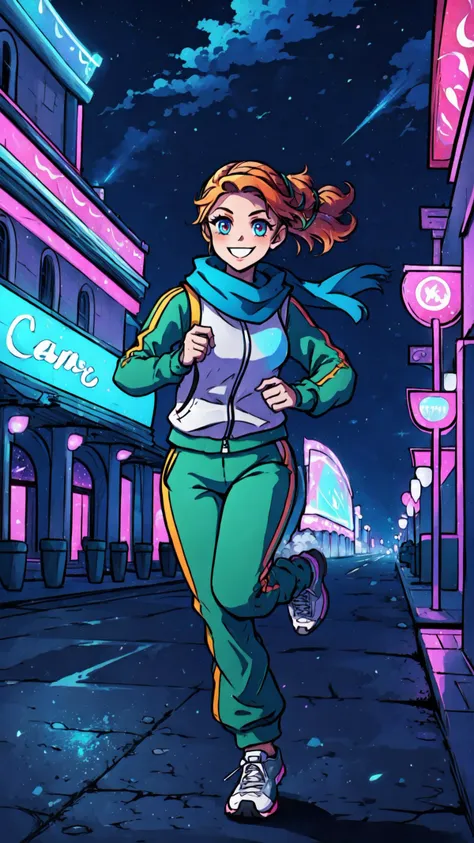 high quality,1girl,action shot,running,cathfe,(holding suitcase),wearing tracksuit,bulletproof vest,scarf,smiling,outdoors,in city,by casino,neon lights,fountains,(at night:1.1), <lora:CathLora-10:0.6>, <lora:add_detail:0.2>