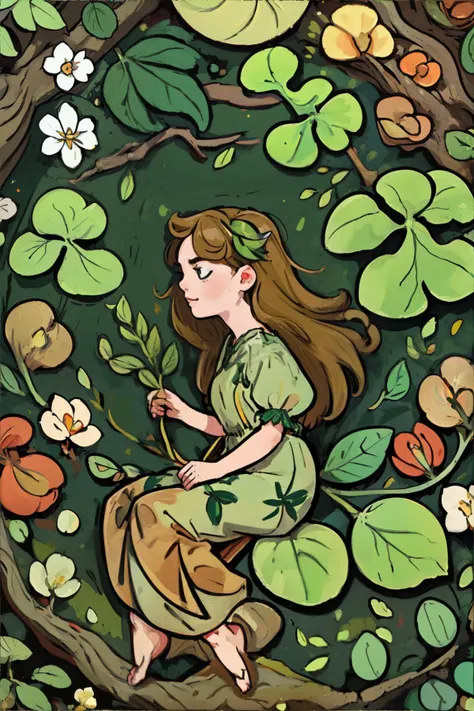 <lora:childillustration:0.8>, illustration of woman wearing Woodland nymph dress with earthy tones and leafy motifs || masterpiece, perfect quality, sharp focus, shallow depth of field, 8k