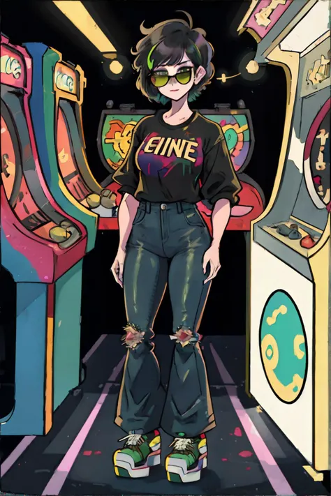 woman wearing tie-dye t-shirt, high-waisted bootcut flare wide leg jeans, platform sneakers, vintage sunglasses, 90s video game arcade, skee ball, bright lights, prize counter, ticket machine, 1990s style short pixie haircut, black, dark green, plaid || masterpiece, 8k, high resolution, shallow depth of field, sharp focus, highly detailed