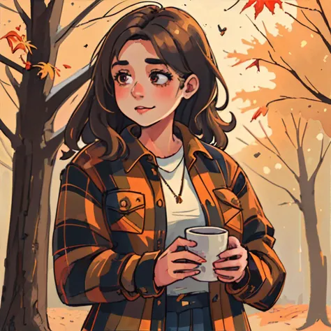cozy autumn, woman wearing thick flannel jacket || masterpiece, perfect quality, sharp focus, shallow depth of field, 8k