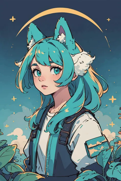(masterpiece:1.0), (highest quality:1.12), (HDR:1.0), 1girl, solo, flat colors, colorful, animal ear fluff, solo, plants, (teal), gradient background, smooth lighting, (splash art:0.8), portrait, (upper body:0.85), (random:1.4)