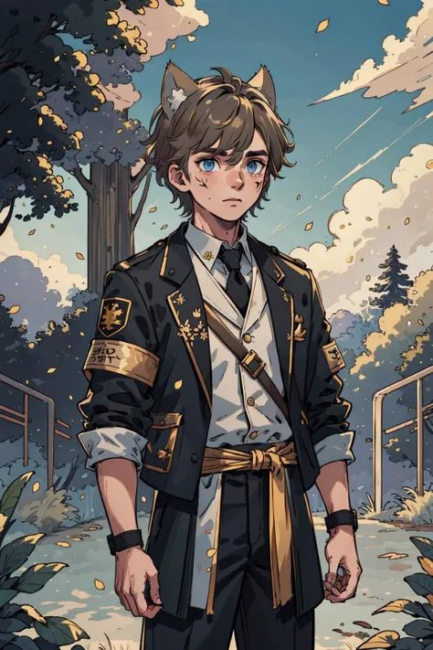 (masterpiece:1.1), (highest quality:1.1), (HDR:1.0), 1boy, male, cat ears, (toned:0.3), clean trimmed styled, angel eyes, facial scar, gang member, natural park, plants, trees, leaf, urban, black jacket, uniform, gold highlights, armband sash, natural light, very detailed, (glowing eyes:0.7)