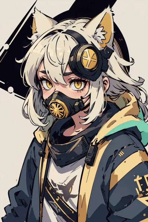 (masterpiece:1.0), (highest quality:1.12), (HDR:1.0), cyberpunk girl, yellow long hair, cat ears, gold eyes, (respirator:1.1), (head-mounted display:1.2), harajuku fashion, jacket, (simple illustration style:1.3), aesthetic